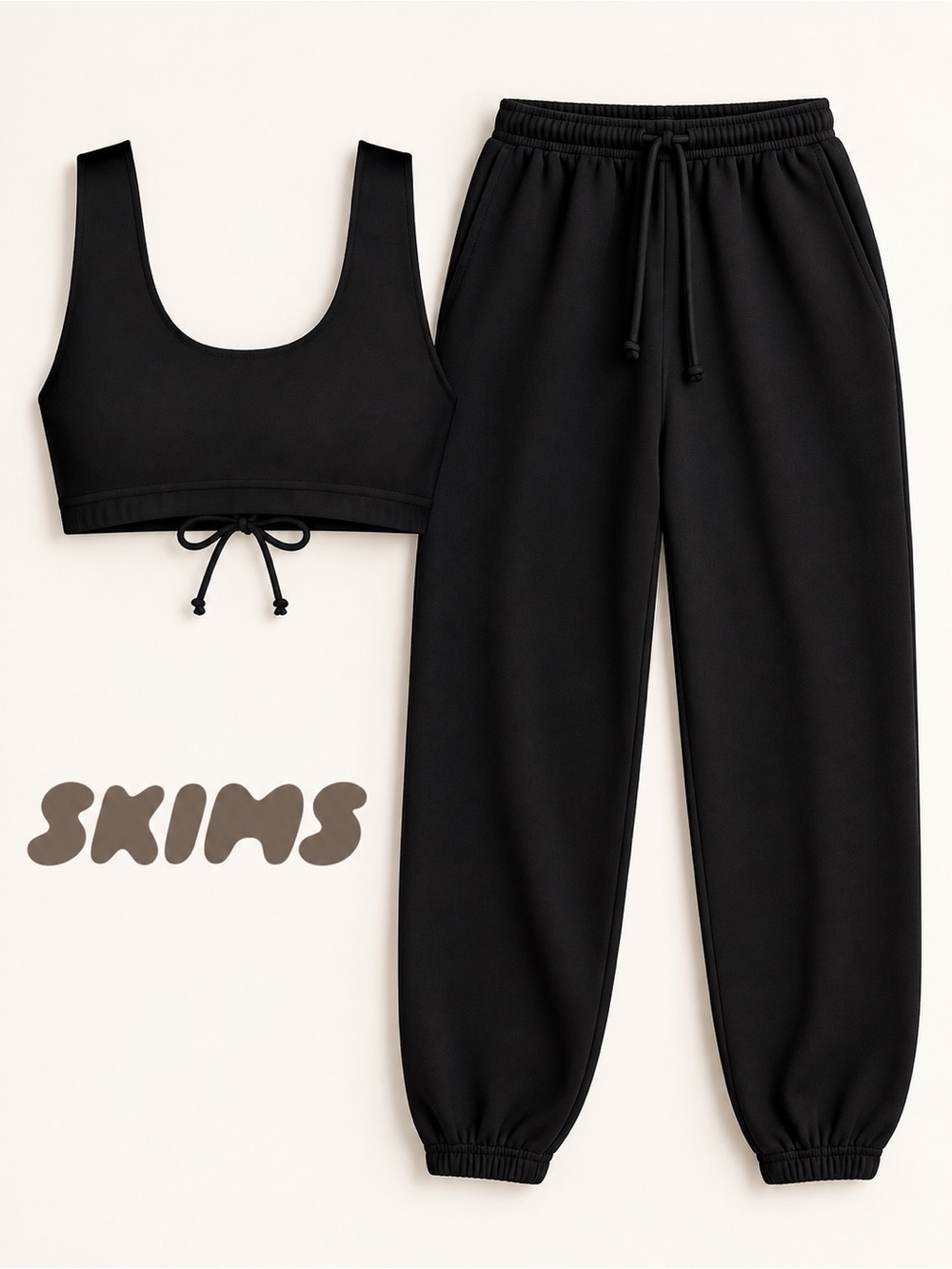 SKIMS SET -Cotton Fleece Bralette & Jogger🖤2 Piece Set 🖤Onyx Black Size L